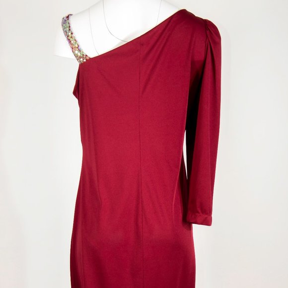 Vintage 70s 80s Disco Party Red Dress Sequin One shoulder - Picture 8 of 11